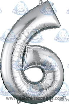 GLOBO PLATEADO NÚMERO 6 GIGANTE 6.00 PALOMITAS ONLINE